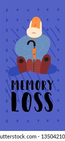 vertical flat banner vector memory loss. Elderly man Sitting in a chair upset that does not remember his past and present does not know who he is. Diseases of senile age Alzheimer's.