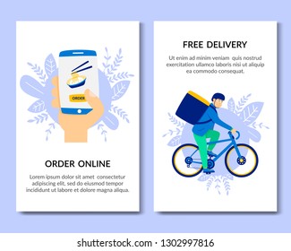 Vertical Flat Bannerr Order Online. Free Delivery. Vector Illustration. A Hand is Holding a Smartphone. a Person Orders Free Food Delivery. Courier Delivers Customer Order by Bike.