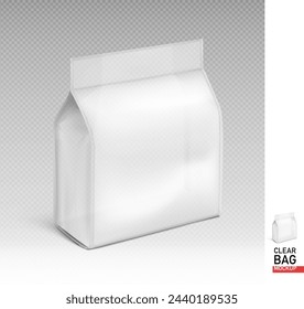 Vertical flat bottom clear gusset bag mockup. Half side view. Vector illustration isolated on grey background. Ready for use in presentation, promo, advertising and more. EPS10.
