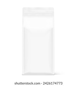 Vertical flat bottom gusset bag with zip lock mockup. Half side view. Vector illustration isolated on white background. Ready for use in presentation, promo, advertising and more. EPS10.