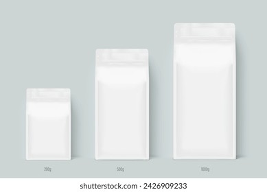 Vertical flat bottom gusset bag with zip lock mockups. Front view. Vector illustration isolated on grey background. Ready for use in presentation, promo, advertising and more. EPS10.