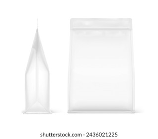 Vertical flat bottom gusset bag with zip lock mockup for food, sport nutrition. Front and side view. Vector illustration isolated on white background. Can be use for template your design. EPS 10.