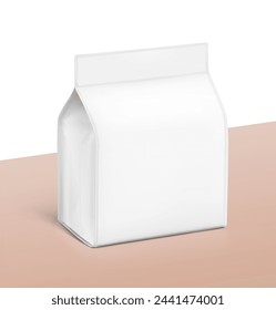 Vertical flat bottom gusset bag mockup. Half side view. Vector illustration isolated on different colour background. Ready for use in presentation, promo, advertising and more. EPS10.