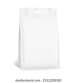 Vertical flat bottom gusset bag with hang hole mockup for food, sport nutrition. Half side view. Vector illustration isolated on white background. Can be use for template your design. EPS10.