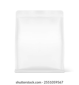 Vertical flat bottom gusset bag mockup for food, sport nutrition. Front view. Vector illustration isolated on white background. Can be use for template your design. EPS10.	