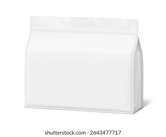 Vertical flat bottom gusset bag mockup for food, sport nutrition. Half side view. Vector illustration isolated on white background. Can be use for template your design. EPS10.	
