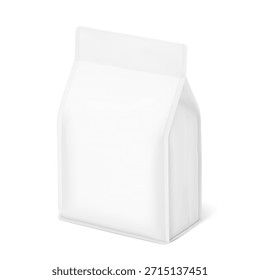 Vertical flat bottom gusset bag mockup for food, sport nutrition. Half side view. Vector illustration isolated on white background. Can be use for template your design. EPS10.