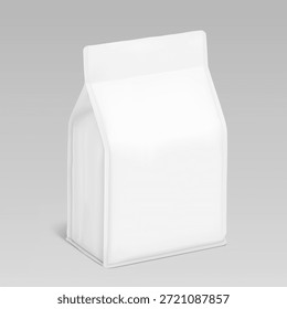 Vertical fundo chato saco de gusset mockup para alimentos, nutrição esportiva. Meia vista lateral. Ilustração de vetor isolada em plano de fundo cinza. Pode ser usado para modelar seu design. EPS10