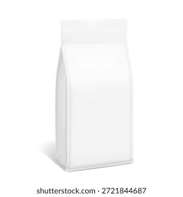 Maqueta de bolso de fuelle de fondo plano de Vertical para alimentos, alimentos para mascotas, nutrición deportiva. Vista lateral media. Ilustración vectorial aislada sobre fondo blanco. Puede ser utilizado para la Plantilla de su diseño. EPS10.