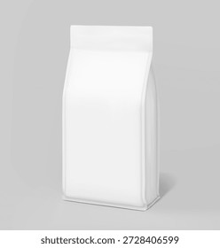 Vertical flat bottom gusset bag mockup for food, pet food, sport nutrition. Half side view. Vector illustration isolated on grey background. Can be use for template your design. EPS10.