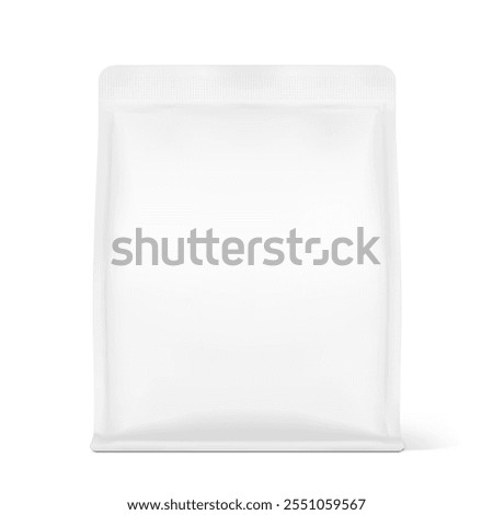 Vertical flat bottom gusset bag mockup for food, sport nutrition. Front view. Vector illustration isolated on white background. Can be use for template your design. EPS10.	