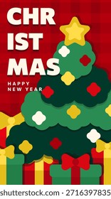 Vertical flat Christmas poster with Xmas tree and gift boxes on red plaid background. Layered green pine tree, presents, bold white typography. Festive holiday greeting card for Happy New Year 2026