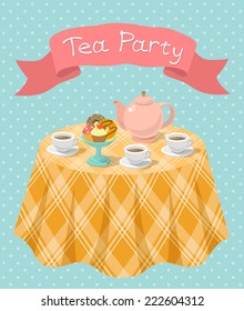 Vertical flat colorful illustration of a tea party with a kettle, cups, donuts, cupcakes on a table and a ribbon with the inscription. Tea party card or invitation.