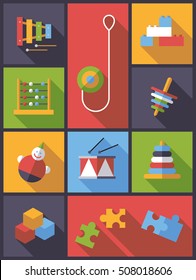 vertical flat design long shadow illustration with various educational toys symbols