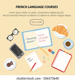 Vertical flat poster for french language courses with macaroon, french food and education attributes. With french phrases, Let`s speak french and, Hello! How are you". 