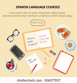 Vertical flat poster for spanish language courses with sangria, spanish food and education attributes. With spanish phrases "Let`s speak spanish" and "Hello! How are you".