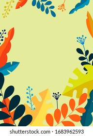 Vertical flat  stylish floral illustration. Orange, blue, yellow branches and leaves on light background.