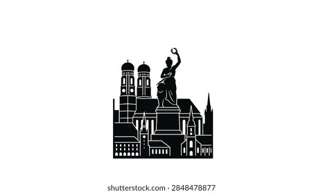 A vertical flat vector illustration featuring a stylized black silhouette of the Munich skyline. The composition highlights the iconic twin domes of the Frauenkirche, the colossal Bavaria statue holding a laurel wreath, and various historic church spires and gabled rooftops characteristic of German architecture. The design is minimalist and high-contrast, ideal for travel graphics.