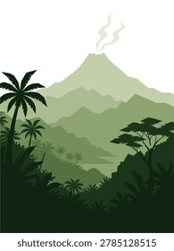Vertical Flat Vector Tropical Volcano Jungle Landscape with Palm Trees and Mountain for Nature Background Design