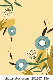 Vertical floral background with blooming gentle summer flowers. Modern botanical card with blossomed buds and leaves. Flat vector illustration of postcard with pretty spring plants, wildflowers