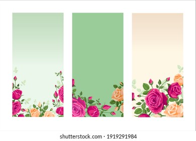 Vertical floral background with roses. Vector illustration for screens, smartphones and social media stories. Banner for online marketing, sales. Vignette, frame, border bouquet of pink, orange roses