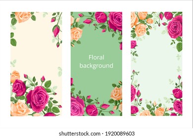 Vertical floral background with roses. Vector illustration for screens, smartphones and social media stories. Banner for fashion marketing, sales. Vignette, frame, border bouquet of pink orange roses