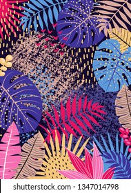 Vertical floral background with vivid tropical leaves and hand drawn textures on dark. 