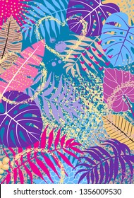 Vertical floral background with vivid tropical leaves and hand drawn textures. 