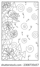 Vertical floral border. Abstract contour flowers, buds and leaves of dandelion. Beautiful floral stylization, original idea. A beautiful template for a wedding card or other holiday invitation.