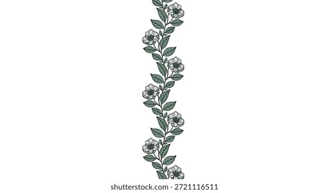 Diseño de borde floral de Vertical con una enredadera sinuosa con hojas verdes y delicadas flores blancas sobre un fondo blanco liso para enmarcar.