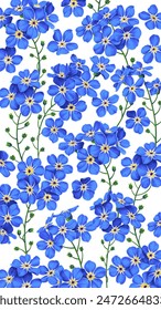 Vertical floral botanical background with highly detailed forget-me-nots. Hand drawn realistic blue plants on white background. Ideal for lock screen on smartphones, or design of social networks.