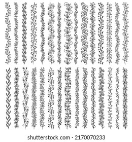 Bordes, bordes y divisores florales verticales, marcos de adorno florecientes vectoriales. Patrón de adorno ornamental vintage con fibra de línea floral, marcos de decoración floral o bordes de separación