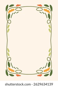 Vertical Floral Frame with Naive Hand Drawn Border. Spring Botanical Elements with Green Leaves and Red Yellow Flowers. Decorative Vector Illustration for Poster, Invitation, Greeting Card