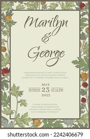 Marco floral vertical de crisantemo naranja y rojo sobre un fondo beige. Plantilla de invitación para bodas, aniversario o vacaciones. Ilustración vectorial dibujada a mano.