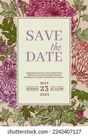 Vertical floral frame of pink, lilac and peach chrysanthemums on a beige background. Wedding, anniversary or holiday invitation template. Hand drawn vector illustration.