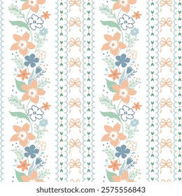 Vertical floral grandmillennial seamless pattern decorated coquette bows, ribbons, flowers, stripes, heart ornament, cute bouquet. Hand drawn preppy wallpaper cottagecore print Vector retro background