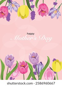 Vertical floral Mothers Day banner with tulips, crocuses, and lavender, featuring Happy Mothers Day text