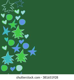 Vertical floral motifs, spruces,bagels, hearts, stars, spots, hole,pattern, copy space, seamless. Hand drawn.