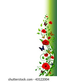 vertical floral multicolored summer frame with swirls, butterfly and foliage with copy-space for your text