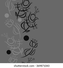 Vertical floral pattern, doodles,ellipses,  branches, leaves, stamens, seamless. Hand drawn.