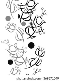Vertical floral pattern, doodles,ellipses,  branches, leaves, stamens, seamless. Hand drawn.