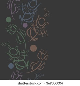 Vertical floral pattern, doodles,ellipses,  branches, leaves, stamens, seamless. Hand drawn.