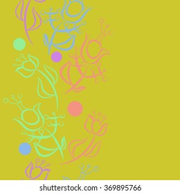 Vertical floral pattern, doodles,ellipses,  branches, leaves, stamens, seamless. Hand drawn.