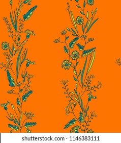 Vertical floral pattern with wildflowers. Cornflowers, tansies, capsellas on bright orange background.