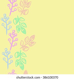 Vertical floral seamless pattern, doodles,branches,bagels,spirals,leaves,  copy space. Hand drawn.