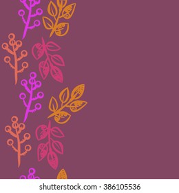 Vertical floral seamless pattern, doodles,branches,bagels,spirals,leaves,  copy space. Hand drawn.