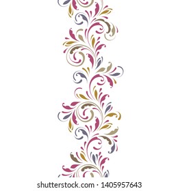 Vertical floral seamless pattern. Flowery ornamental border for ribbons, fabric, wrapping, wallpaper, tape. Decorative design element for background and cover.