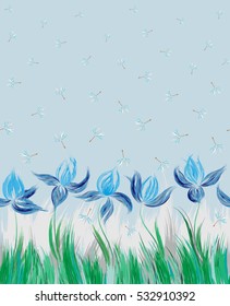 Vertical Floral seamless pattern of irises and dandelion seeds. Irises painted imitation of oil paint. Blue green flowers on a blue background. Cute print for bedding, clothes, dress etc
