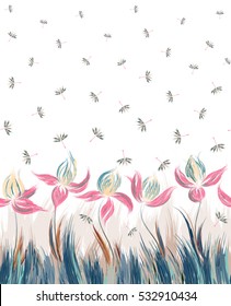 Vertical Floral seamless pattern of irises and dandelion seeds. Creative execution of floral ornament. Blue pink flowers on a white background. Cute print for bedding, clothes, dress etc