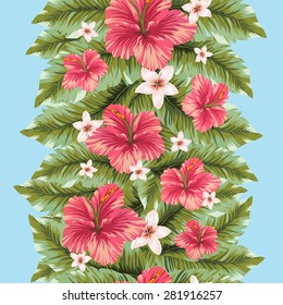 Vertical floral seamless pattern. Tropical flowers and leaves stripe pattern. Hawaiian flowers stripe vector seamless texture